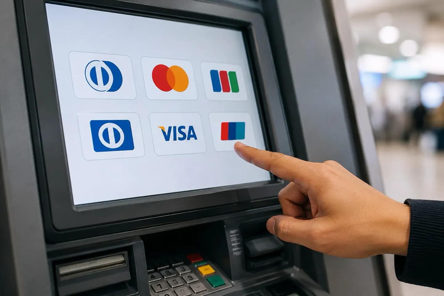 يد تختار شبكة البطاقة على شاشة ATM